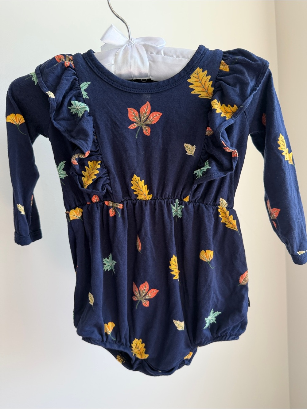 Kyte BABY Navy Leaf Print Ruffle Long-Sleeve One-Piece